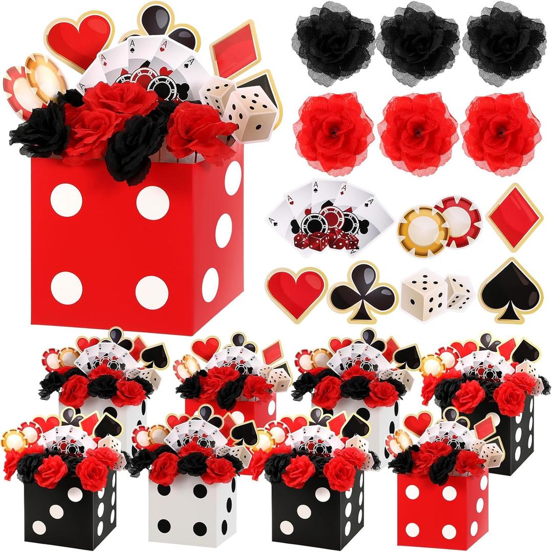 WinnerWhy 8 Sets Casino Party Decorations Poker Theme Table Centerpieces Party Toppers with Red Black Flowers Dice Box Poker Cutouts and Sticks for Casino Night Decor Birthday