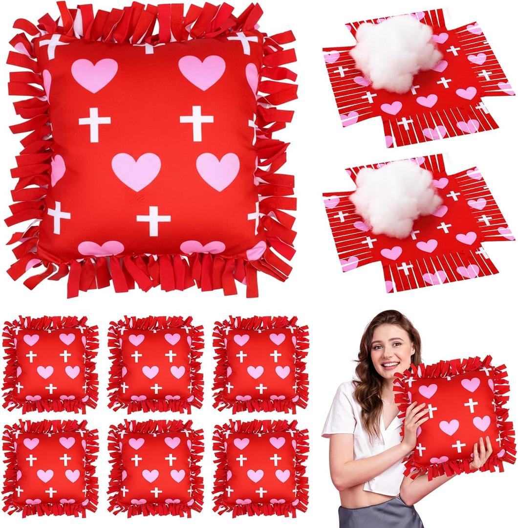 Chunful 6 Sets Valentine's Day Tied Pillow Craft Kit for Adults DIY Heart Religious Cross Pillow Craft Gifts for Valentine's Day Party Decor VBS Favors Giveaways