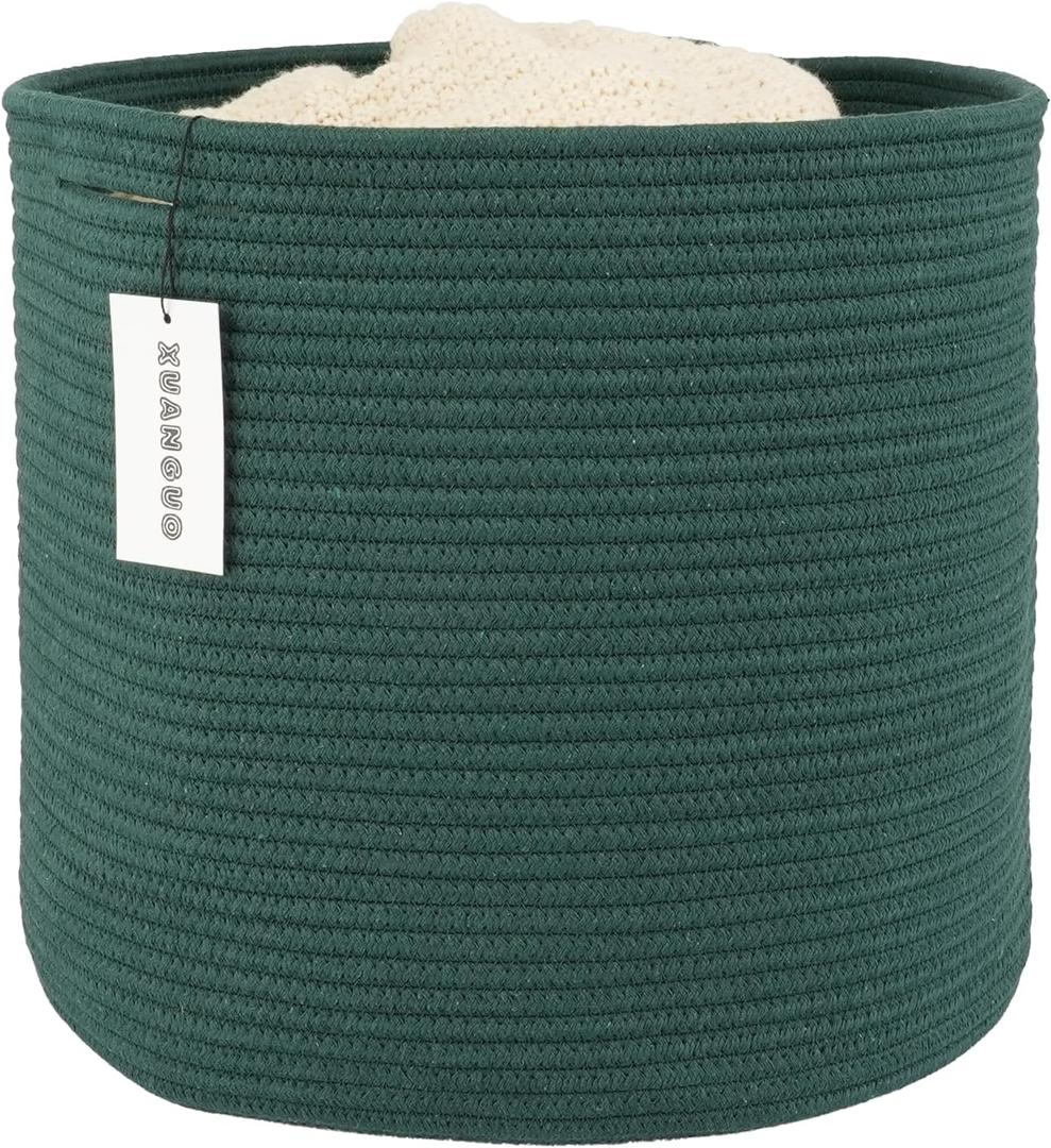 XUANGUO Cotton Rope Basket For Girls Boys Kids 16"X14" Baby Laundry Basket Nursery Bin Round Woven Baskets Organizer For Storage Toys Blankets Shoes Clothes dark green