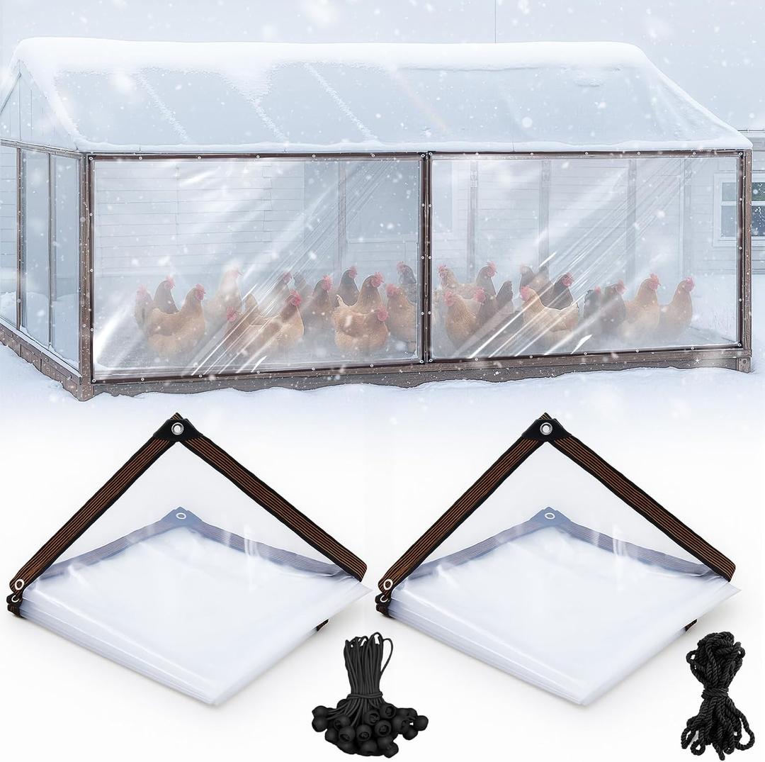 VitalCozy 2 Pcs Chicken Coop Cover 11.5 x 6.6 ft Waterproof Clear Tarp Heavy Duty PVC Vinyl Chicken Run Cover Coop Accessories for Outdoor Winter with 30 Pcs Ball Bungees Cords