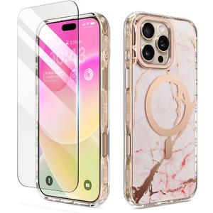 6 x MATEPROX Magnetic Marble Compatible with iPhone 16 Pro Case 6.3'' [2024],Stylish 3D Pattern Protective Phone Cases [Compatible with MagSafe] with Screen Protector Lanyard-Frosted Pink