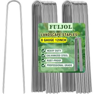 8 Gauge Landscape Staples, FUIJOL 12 Inch Heavy Duty U-Shaped Landscape Stakes, 25 Pack Galvanized Garden Staples for Weed Barrier Stakes, Ground Cover, Irrigation Tubing, Fence (25)