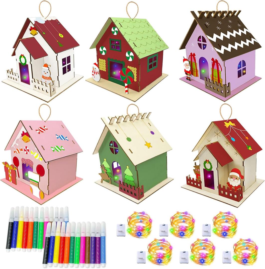 6 Set Christmas Gingerbread Craft KitDIY Wooden Nativity Scene Castle House Kit to Build and Paint,Christian Wood Crafts Art Project Bulk Painting Kits for Winter Christmas Supplies Decoration