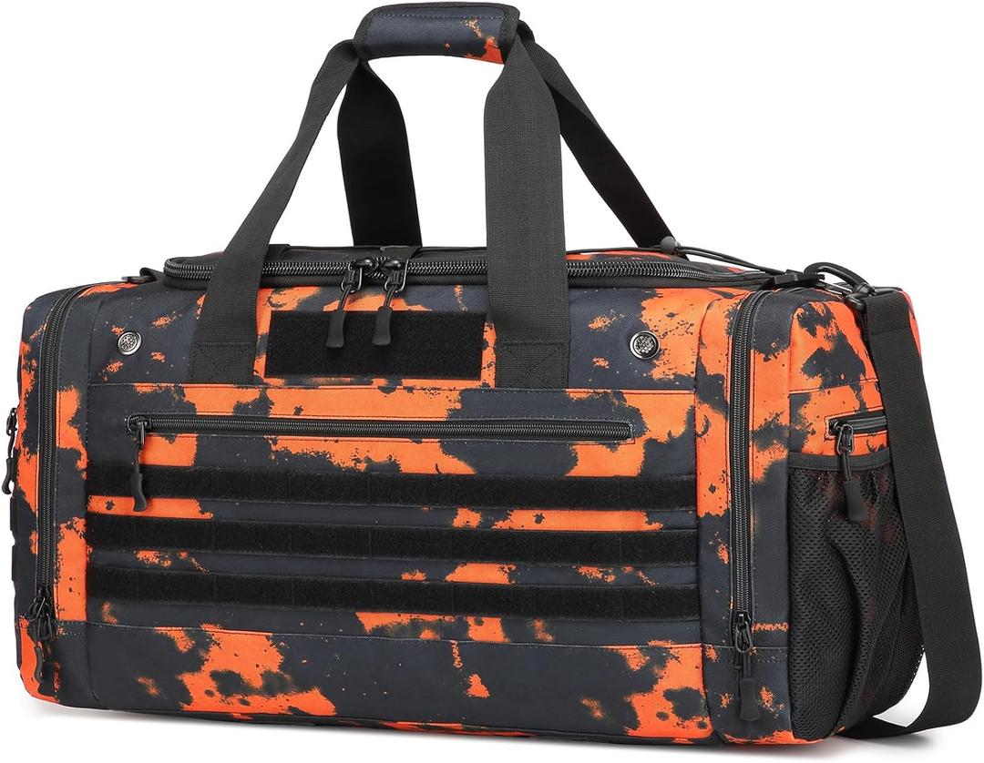 45L Gym Bag for Men & Women, Tactical Military Duffle Bag for Travel Weekender Gym Workout Deployment, Large Sports Bag for Hockey Football Baseball Soccer Basketball & Team training (Black&Orange Graffiti)