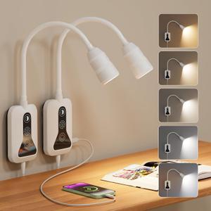 Wall Mounted Reading Light for Bed, Headboard Light with 360 Flexible Arm, Hand Wave Sensor, Focused 60 Beam, 5 Color Temperatures, Stepless Dimming, Memory Function, USB-C Output, White 2 Pack