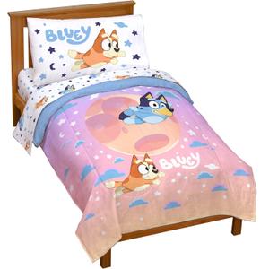 Jay Franco Bluey & Bingo Toddler Comforter Set - 4 Piece Bed Set Includes Sheet Set & Pillow Covers - Super Soft Clouds & Stars Kids Bedding