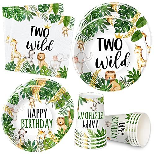 HIPVVILD Jungle Animal Theme Two Wild Birthday Plates And Napkins Party Supplies - Safari Party Decorations For 2-Year-Old Birthday, Plate, Cup, Napkin | Serve 24