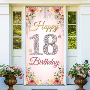 18th Birthday Decorations for Girls, Happy 18th Birthday Door Banner Backdrop, 18 Year Old Birthday Party Yard Sign Poster Photo Props Rose Gold Pink Decor for Outside Inside, Sturdy, Fabric