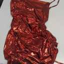 VIDUSSA Women's Sparkly Glitter Dress Cowl Neck Spaghetti Strap Ruched Bodycon Cocktail Party Night Club Midi Dresses (Red, S)