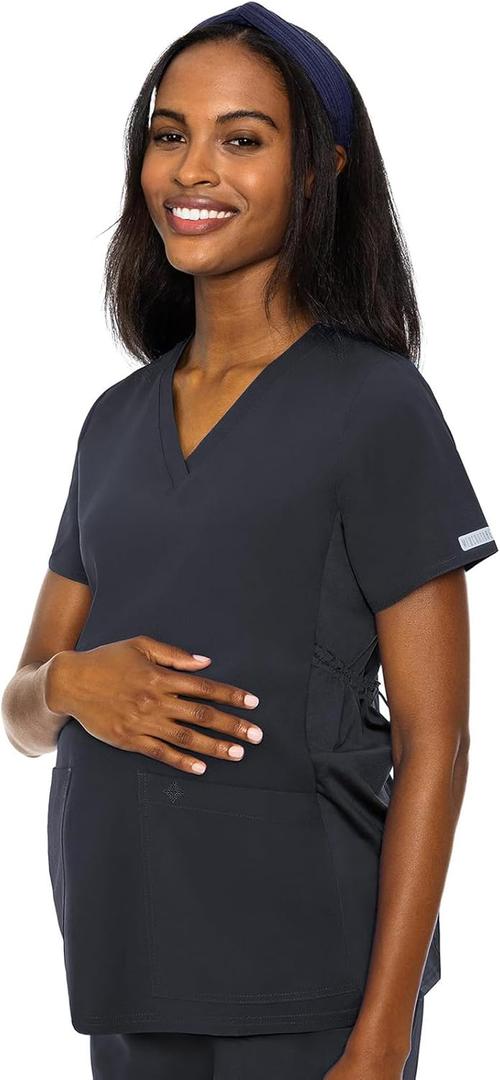 Med Couture Maternity V-Neck Scrub Top, 2 Pockets, Stretchy Side Panels with a Flattering Fit for Pregnant Ladies - MC628 (Pewter)