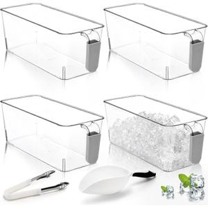 Pumtus 4 Pack Clear Ice Bins for Freezer, Plastic Ice Bucket with Flexible Scoop & Ice Tong, Pull Out Handle Ice Container, Kitchen Food Storage Organizer, Pantry Canister for Wine Beverage Fruit