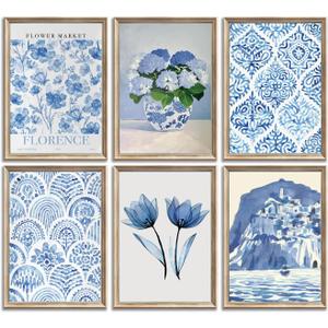 6Pcs Blue coastal Wall Art Flowers Aesthetic Wall Decor Pictures Trendy Minimalist Posters Prints Hydrangeas painting Preppy Artwork for Bedroom Gallery Home Decoration,8x10in Unframed