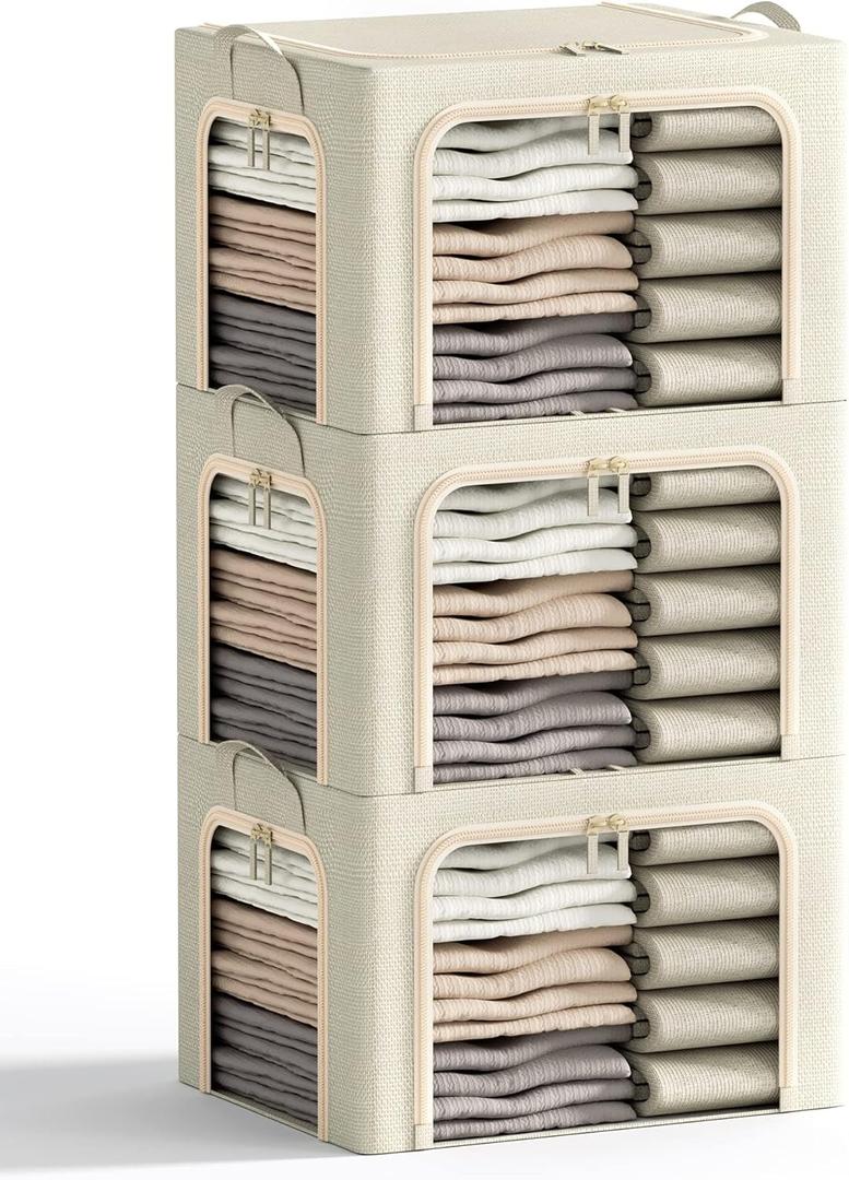 3 Openings Clothes Storage Bins with Metal Frame, Foldable Storage Bin for Clothes, Clothing Storage Bins with Lid, Linen Storage Box With Clear Window Zippers Durable Handles.(3 Pcs,Beige,40L) (Medium-(16.5 x 12.6 x 11.8 )ines)