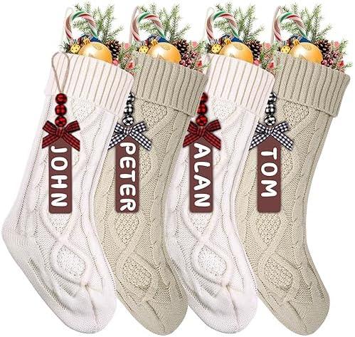 XIMISHOP 4PCS Christmas Stockings, 18inch Large Personalized Cable Knitted Xmas Hanging Stocking Decorations with Name Tags for Holiday Christmas Party Family Decor (Khaki and White)