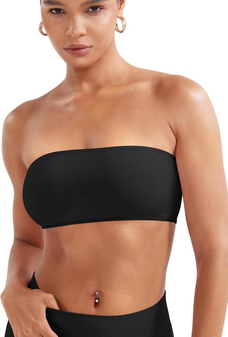 YEOREO Women Strapless Bandeau Sports Bra Padded Tube Top Workout Impact Backless Bralette Seamless Gym Yoga Everyday Bras (X-Small, Black)
