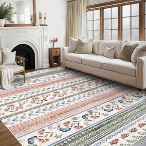 GlowSol Large Washable Area Rug 9 x 12 Washable Floral Print Living Room Rug with Non-Slip Backing, Bohemian Low Pile Floor Cover, Stain-Resistant Geometric Indoor Mat for Bedroom, Office, Pink