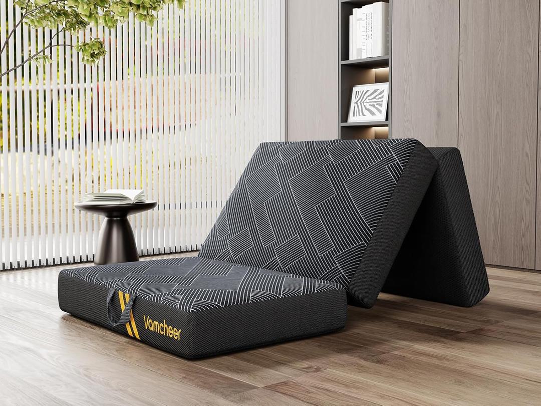 Vamcheer Foldable Mattress Single Size, 4 Inch Tri Folding Mattress, Handle & Non-Slip Bottom with Washable Cover for Travel RV Camping Guest Room, 75"x25"x4", Grey