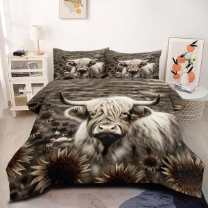 Highland Comforter Set King Size Gray Sunflower Cow Bedding Set Floral Rural Farmhouse Cattle Garden Spring Coquette Comforter 3Piece with 2 Pillowcases for Bedroom Decor