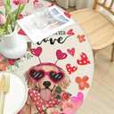 Valentines Day Cute Dog Round Tablecloth Fitted Best for 40"-44" Pink Floral Table Cloth Elastic Edge Water-Resistant Washable Love Heart Decoration Table Cover for Party Picnic Indoor Decor