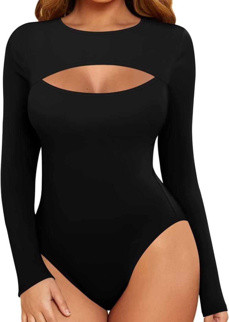 MANGOPOP Women's Cutout Front Long Sleeve Short Sleeve Bodysuit Round Neck Body Suits Sexy Going Out Fall Tops (Medium)