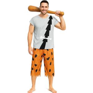 Men Adult Bam Costume Caveman T-Shirt Pants Outfit with Bone Accessory Halloween Stone Age Cosplay Dress Up (Gray, L)
