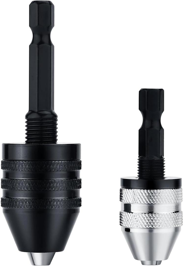 2Pcs Drill Chuck Adapter Keyless, 1/4 Inch Hex Shank Drill Bit Adapter Converter for Impact Driver, Quick Change Impact Drill Chuck Adapter in 0.6-8mm, 0.3-3.6mm for Tool Attachment