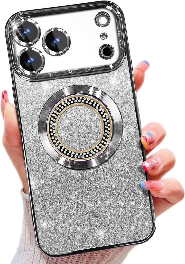 Misscase for iPhone 17 Pro Max Magnetic Glitter Case Compatible with MagSafe,Full Protection Slim Shockproof Anti-Scratch Case with Camera Lens Protector Plating Bling Dust-Proof Net Silver