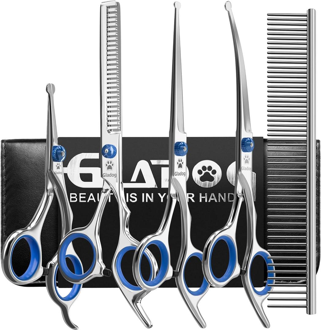 Dog Grooming Scissors Kit with Safety Round Tips, GLADOG Professional 6 in 1 Grooming Scissors for Dogs, Sharp and Heavy-duty Dog Grooming Shears for Dogs Cats Pets (Newblue)