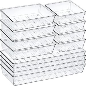 12 Pack Clear Plastic Drawer Organizer Set, Acrylic Non Slip Non Cracking Kitchen Drawer Storage Tray Large Size Divider, Multifunctional Storage for Cosmetics, Bathroom, Tools, Kitchen and Office