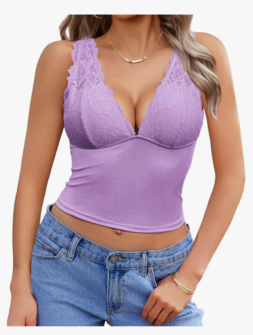 Avidlove Lace Tank Top for Women Summer Deep V Neck Y2K Crop Top Sexy Slim Fit Going Out Tops, Extra Large, Lilac