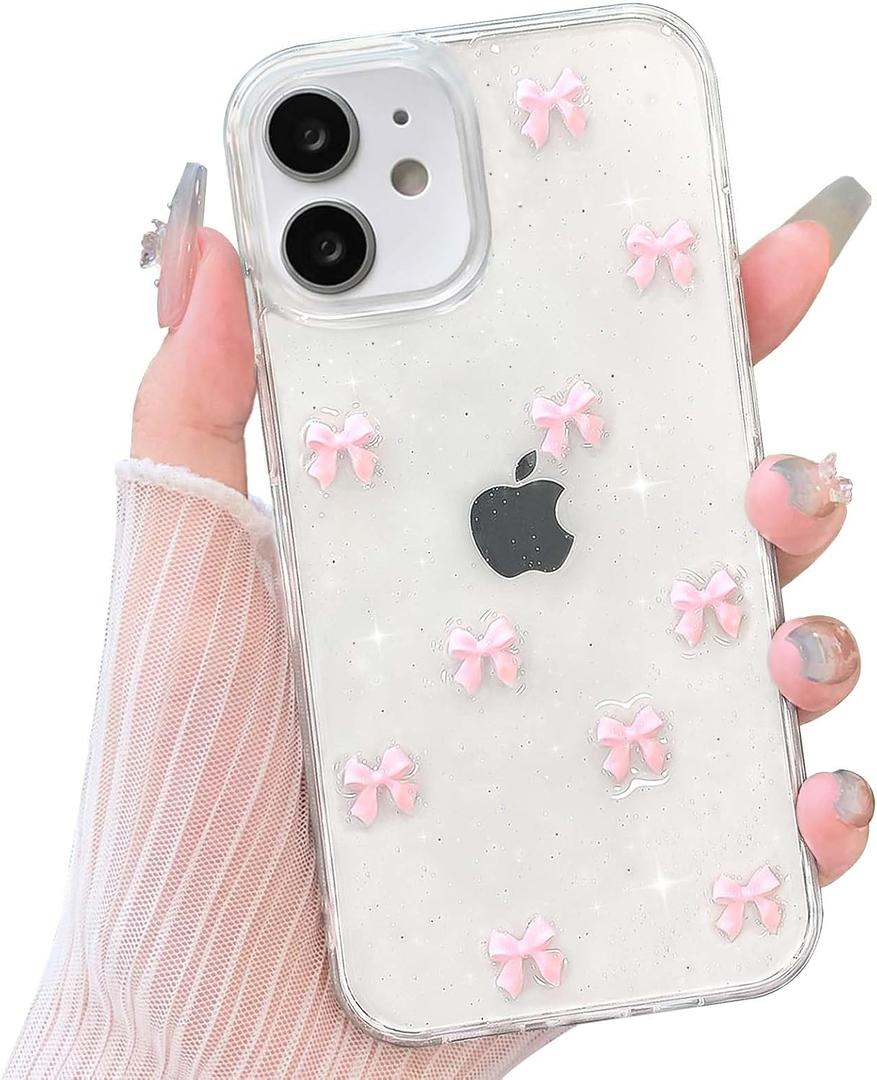 2 x NITITOP Compatible with iPhone 11 Case Clear Cute Sparkly 3D Bow Bling Glitter Bowknot for Women Girls Ultra Slim Anti-Yellow Protective Phone Cover - Pink