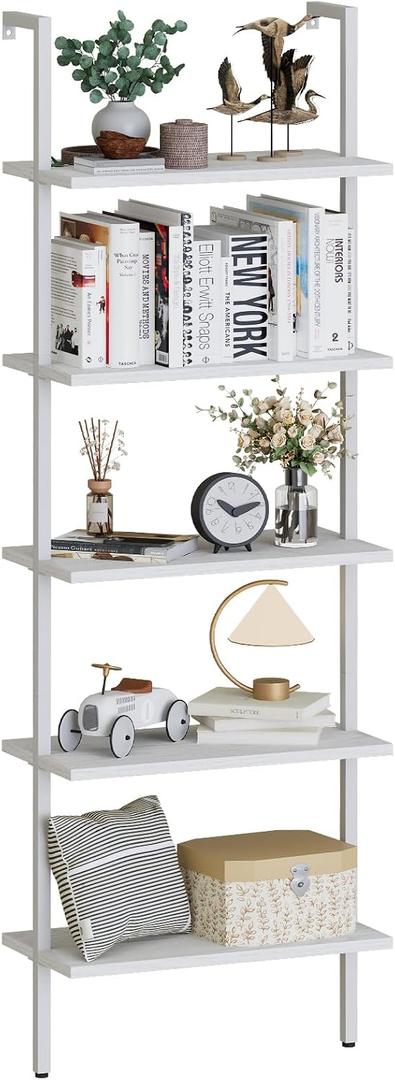 aboxoo Ladder Shelf White Wooden Bookshelf 5-Tier Wall-Mounted Open Wood Rack Industrial Modern Plant Flower Stand Utility Organizer Bookcase Metal Frame Furniture Office Kitchen Bedroom, 1PC