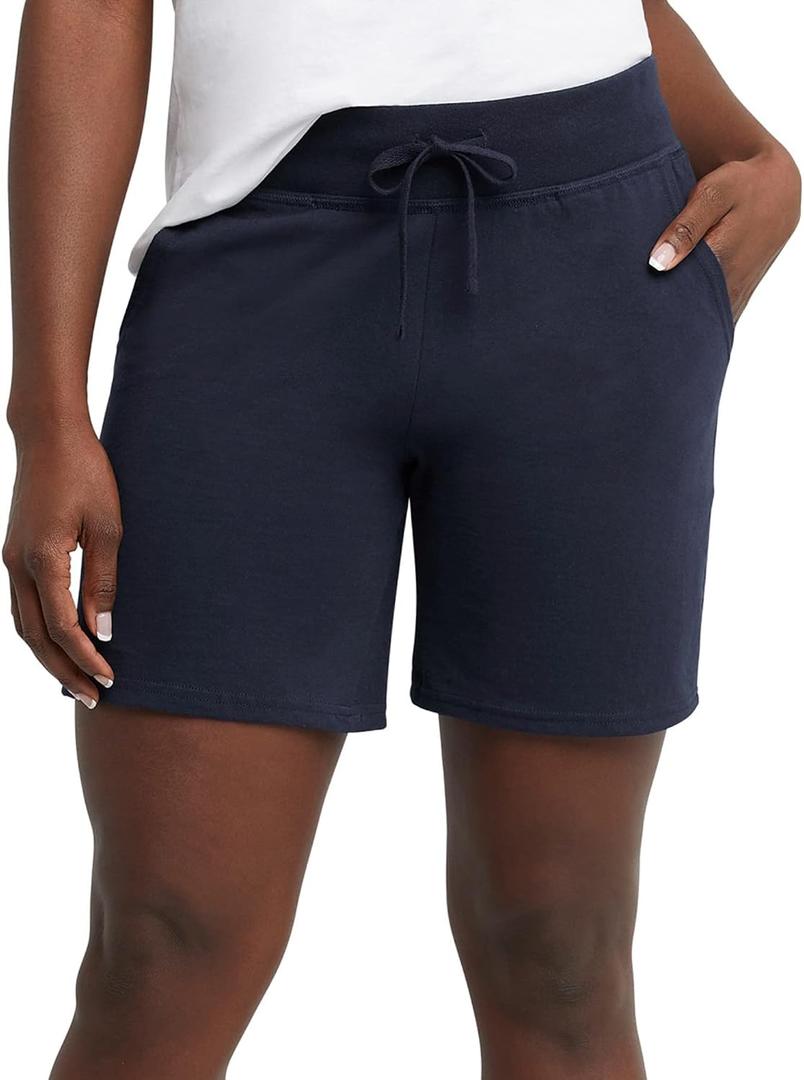 Hanes Women's Pocket Drawstring Cotton 7in Inseam Shorts Coat, Navy, Large