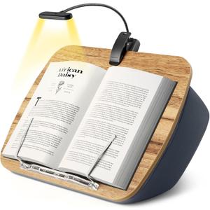 Reading Book Pillow Stand with 3-Color Adjustable Light, Hands-Free Book Holder for Bed or Lap, Wooden Surface, AAA Batteries Required