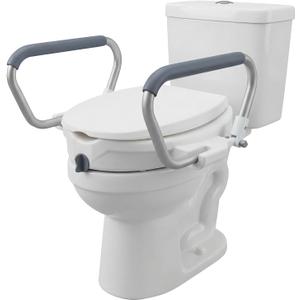 2-in-1 Toilet Seat Riser with Lid and Flip-Up Padded Arms, Raised Toilet Seat with Handles for Seniors, Elderly & Disabled, Secure Locking, Height Assistance Safety Support for Standard Toilets