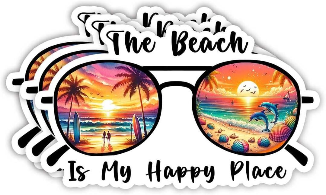 (3pcs) The Beach is My Happy Place Sticker Funny Sunglasses Motivational Sayings Beach Life Lovers Inspirational Vinyl Decal Decorated for Tumbler Laptop Water Bottles Tablet Books Phone - Size 3x1.8