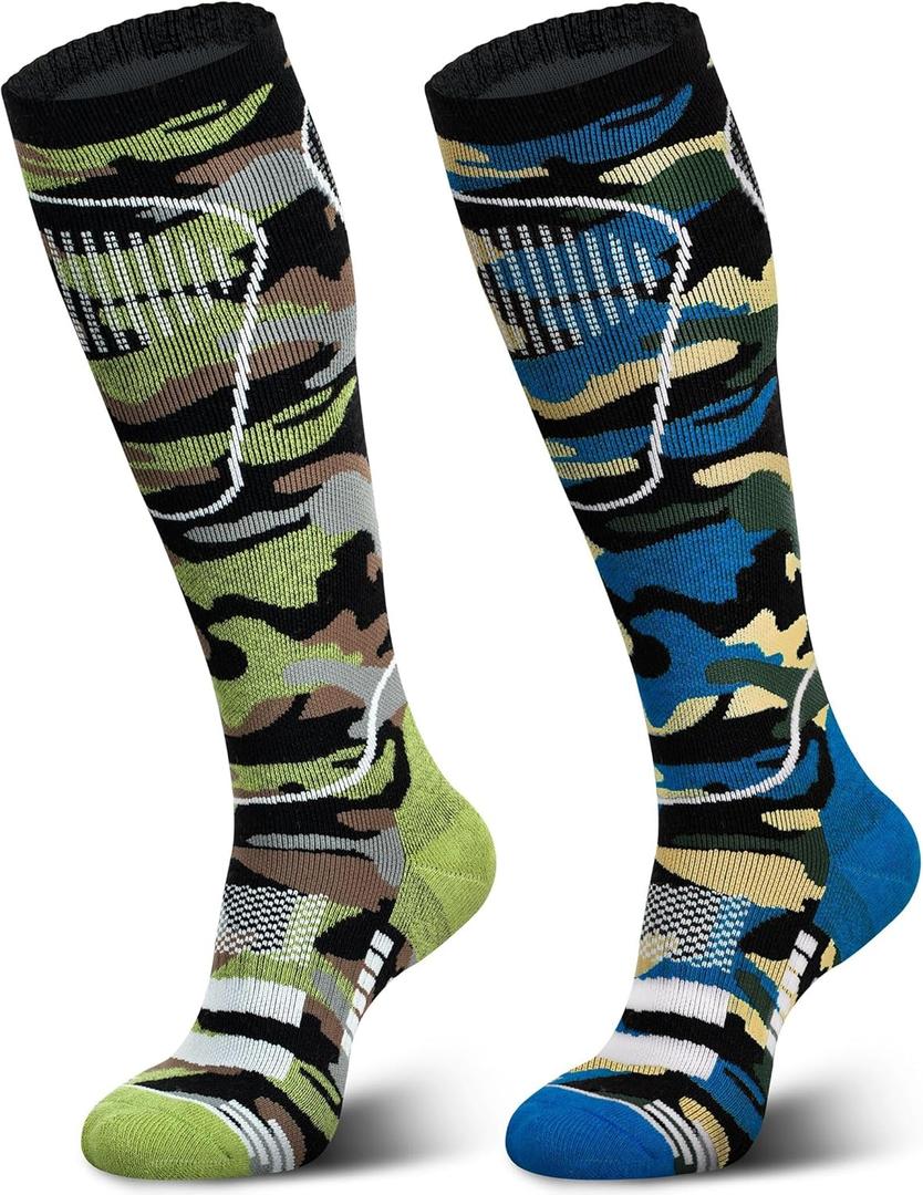 unenow Merino Wool Ski Socks 2 Pairs, Thermal Knee High Warm Socks for Snowboarding, Hiking, Cold Weather, Snow, Hunting (Large, 2 Pairs-camouflage Blue/Camouflage Green)