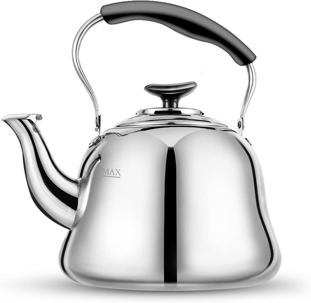 Tea Kettle Stovetop Whistling Teakettle ClassicTeapot Stainless Steel Tea Pots for Stove Top with Heat-resistant Folding Handle Mirror Finish, 2 Liters