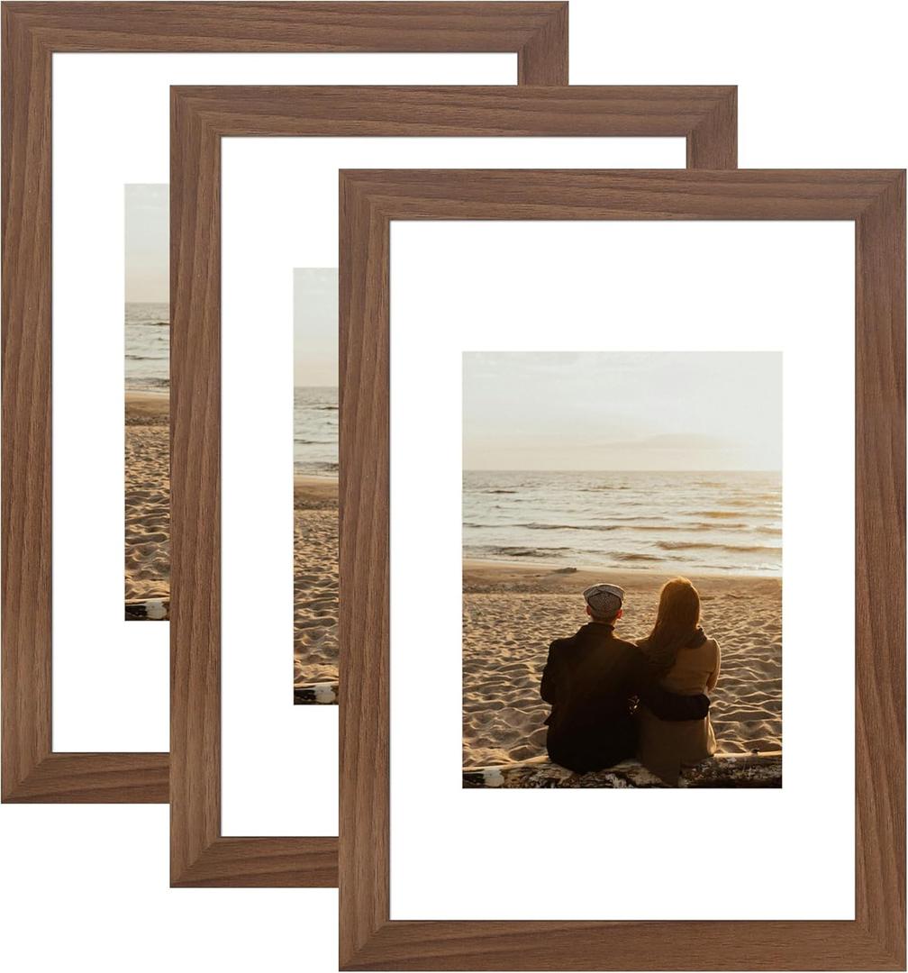 YESKAY 8x12 Picture Frame 3 Pack,Brown Wooden Frame with Tempered Glass,Display Pictures 6x8 with Mat or 8 x 12 Without Mat,8 by 12 Photo Frame for Wall or Tabletop