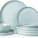 Famiware Milkyway Plates and Bowls Sets, 12 Pieces Dinnerware Sets, Reactive Glaze Dish Set, Stoneware Dishes Set for 4, Light Blue