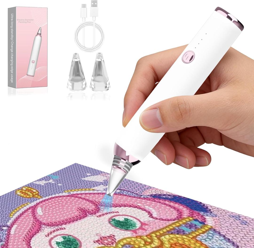 Electric Diamond Painting Pen, Cordless Vacuum Diamond Art Pen Low-Noise, Wax-Free, 3-Speed Adjustable, Rechargeable, Lightweight, Extra Tips - DIY Diamond Art Accessories Pens for Crafts Lovers