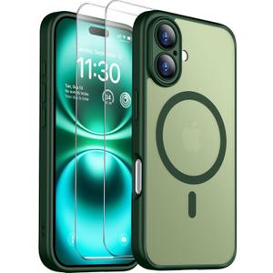 2 x SPIDERCASE Designed for iPhone 16 Case, Magnetic Translucent [2+Tempered Glass Screen Protector] [Camera Protection] Anti-Fingerprint Anti-Scratch for iPhone 16 6.1, Green