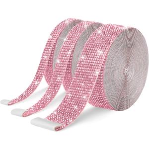 3 Rolls 9 Yards Self Adhesive Crystal Rhinestone Diamond Ribbon - Bling Diamond Stickers Wrap Roll for Crafts Art, Rhinestone Strips Tape for Car Phone Decoration(Light Pink)
