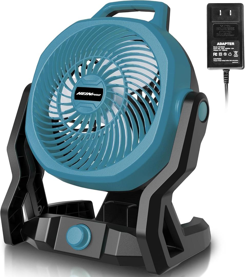 HEINPRO Battery Operated Fan Compatible with Makita 18V Battery with AC Adapter (No Batteries) Up to 650CFM, Variable Speed, Low Noise 30dB, Portable Cordless Fan for Camping, Jobsite