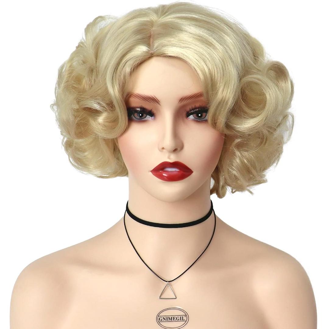 GNIMEGIL Short Blonde Curly Wig Layered Big Wavy Wigs For White Women Synthetic Curly Hair For Cosplay Natural Hairstyle Carnival Party 1920s Celebrity Halloween Costume Finger Wave Vintage
