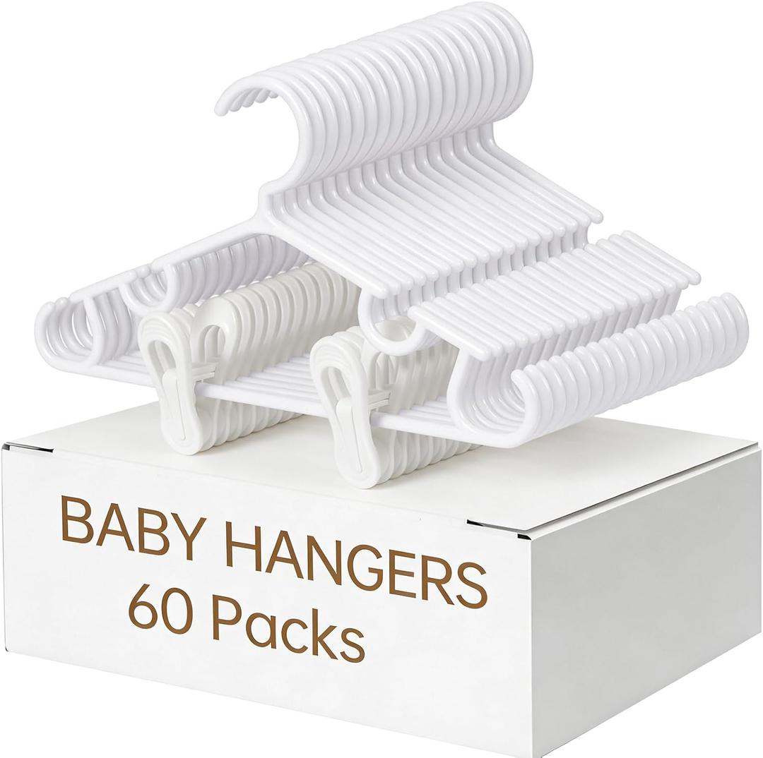 Nursery Baby Hangers with Clips, 20 Newborn Kids Plastic Clothes Hangers for Toddler Pants  with 40 Clips for Children's Clothes Packs(White,60 Packs) (60, White)