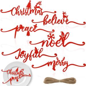 Jetec 12 Merry Christmas Wood Plate Letter Sign Wood Cutout Table Decorations Sign Decor Place Card Signs with 24 ft Ropes Xmas Hanging Decorations for Home Table Xmas Tree Wall(Red)
