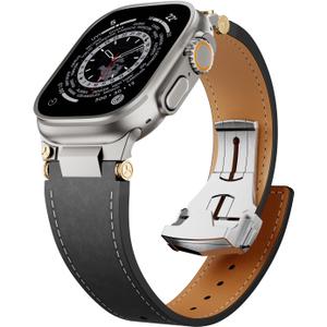 Unfettered Genuine Leather Band for Apple Watch Ultra 3/2, 49mm 46mm 45mm 44mm 42mm, Men's Vintage Full-Grain Replacement Strap with Folding Clasp & Metal Connector, Compatible with Series 111 SE (Black-Titanium Buckle)