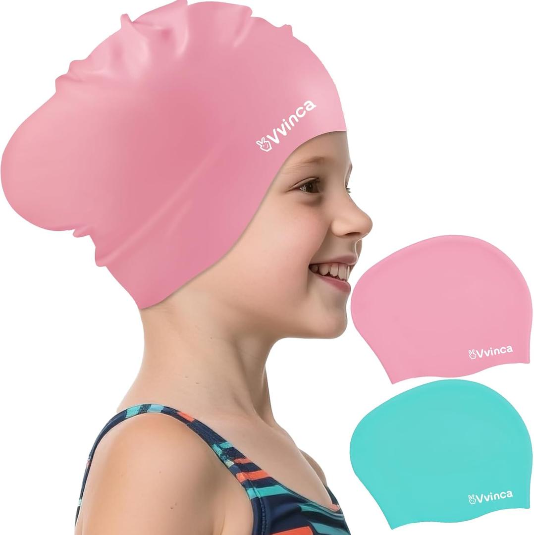 Vvinca Swim Cap Kids for Long Hair Braids Curly, 2 Pack Silicone Waterproof Swimming Caps for Toddler Girls Boys Age 3-8 Keep Hair Dry Pool Water Swim Hats (03-Pink& Green)