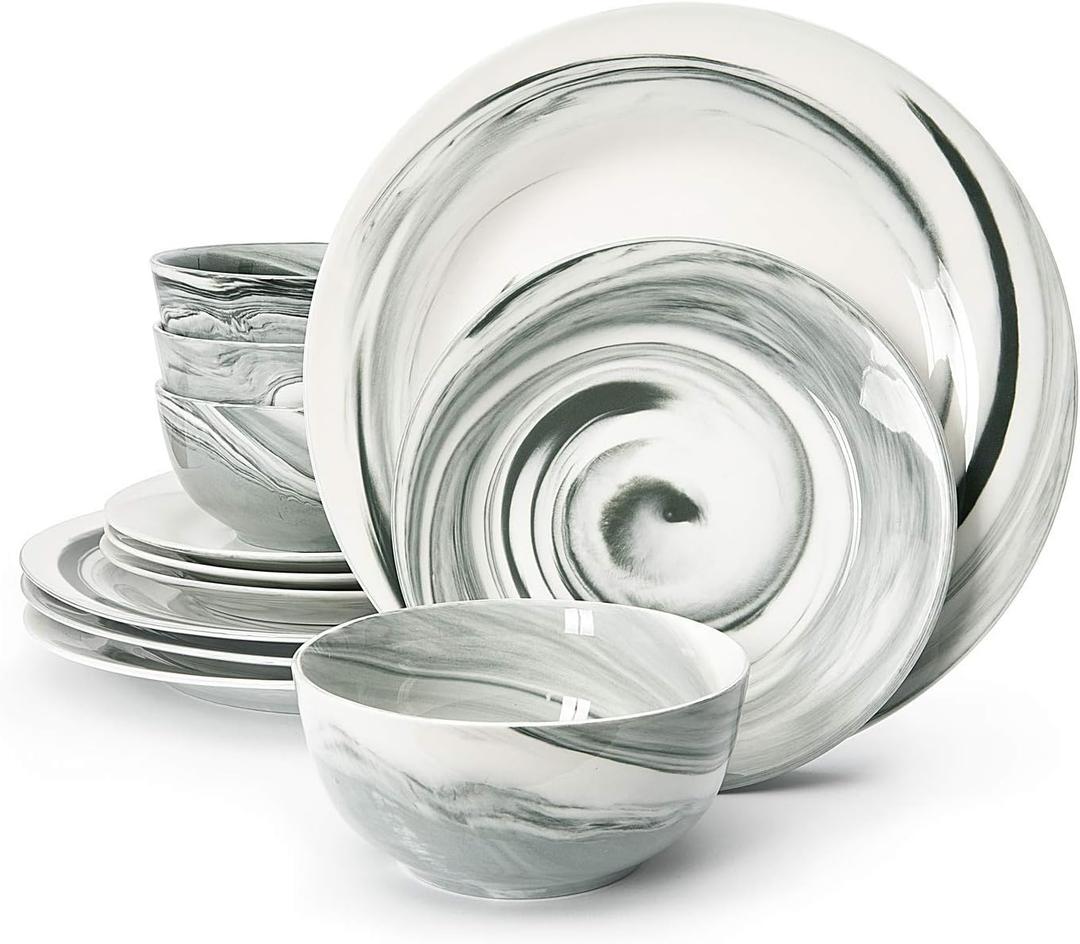 Divitis Home Fusion Porcelain Dinnerware Set 12 Piece, Black Round Plates and Bowls (Soup, Dinner, Salad), Dish Set